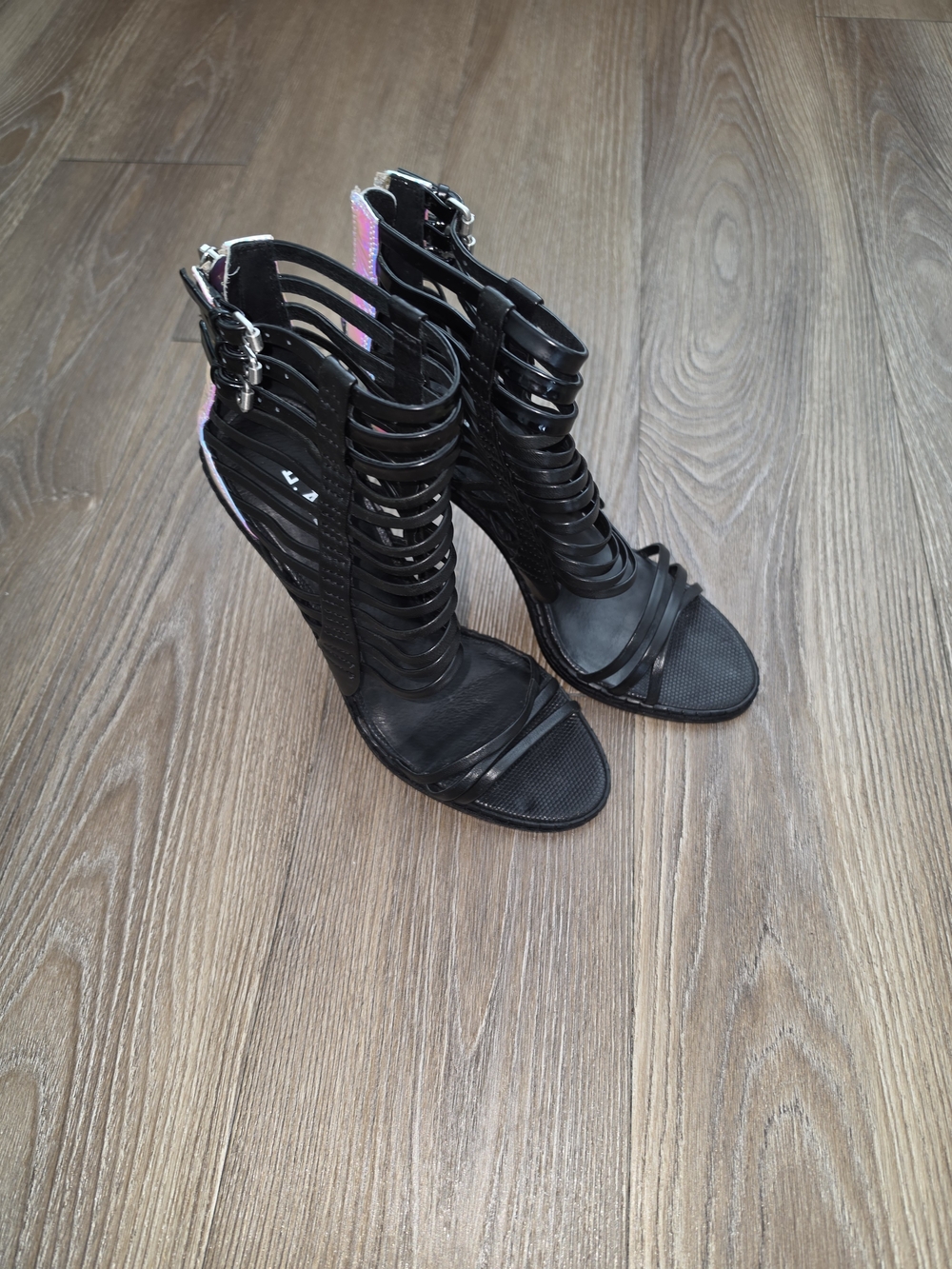 L.A.M.B. Brook Iridescent & Matte Leather Cage Sandals